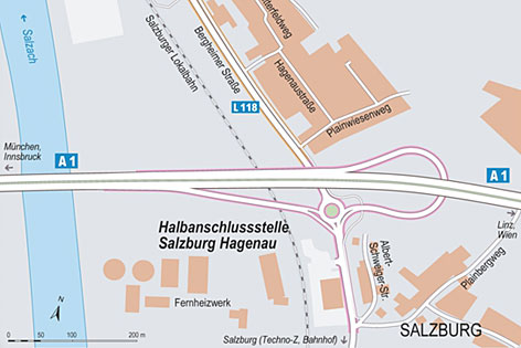 Plan des Autobahn-Halbanschlusses Bergheim-Hagenau an der Westautobahn (A1)