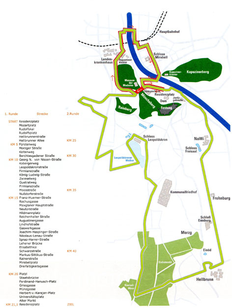 Streckenskizze des 10. Salzburg-Marathons