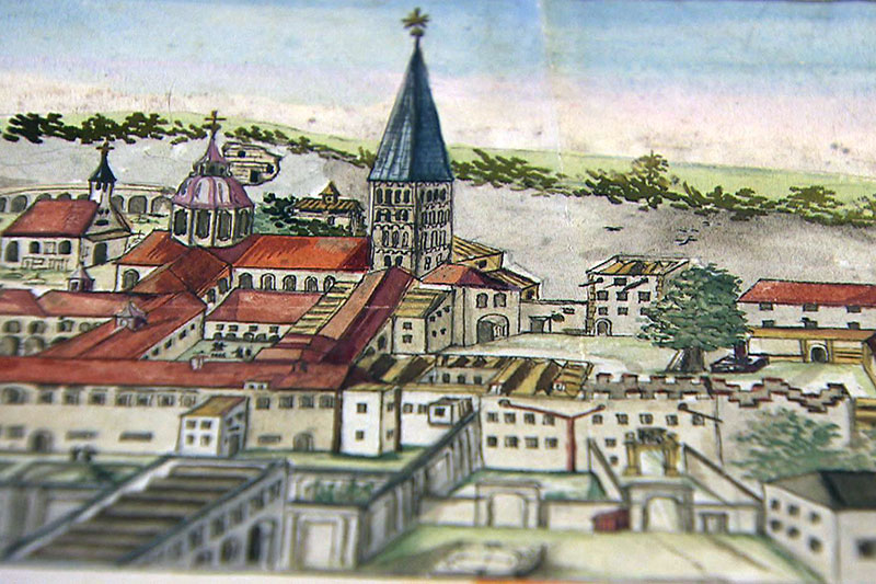 Bild der Erzabtei (des Stifts) St. Peter in der Stadt Salzburg aus dem frühen 17. Jahrhundert