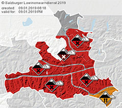 Karte zu Lawinenwarnstufen in Salzburg am 9.1.2019