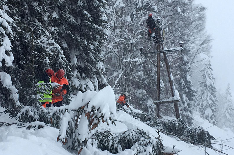 Techniker beim Wiederherstellen einer Stromleitung im dichten Schneefall